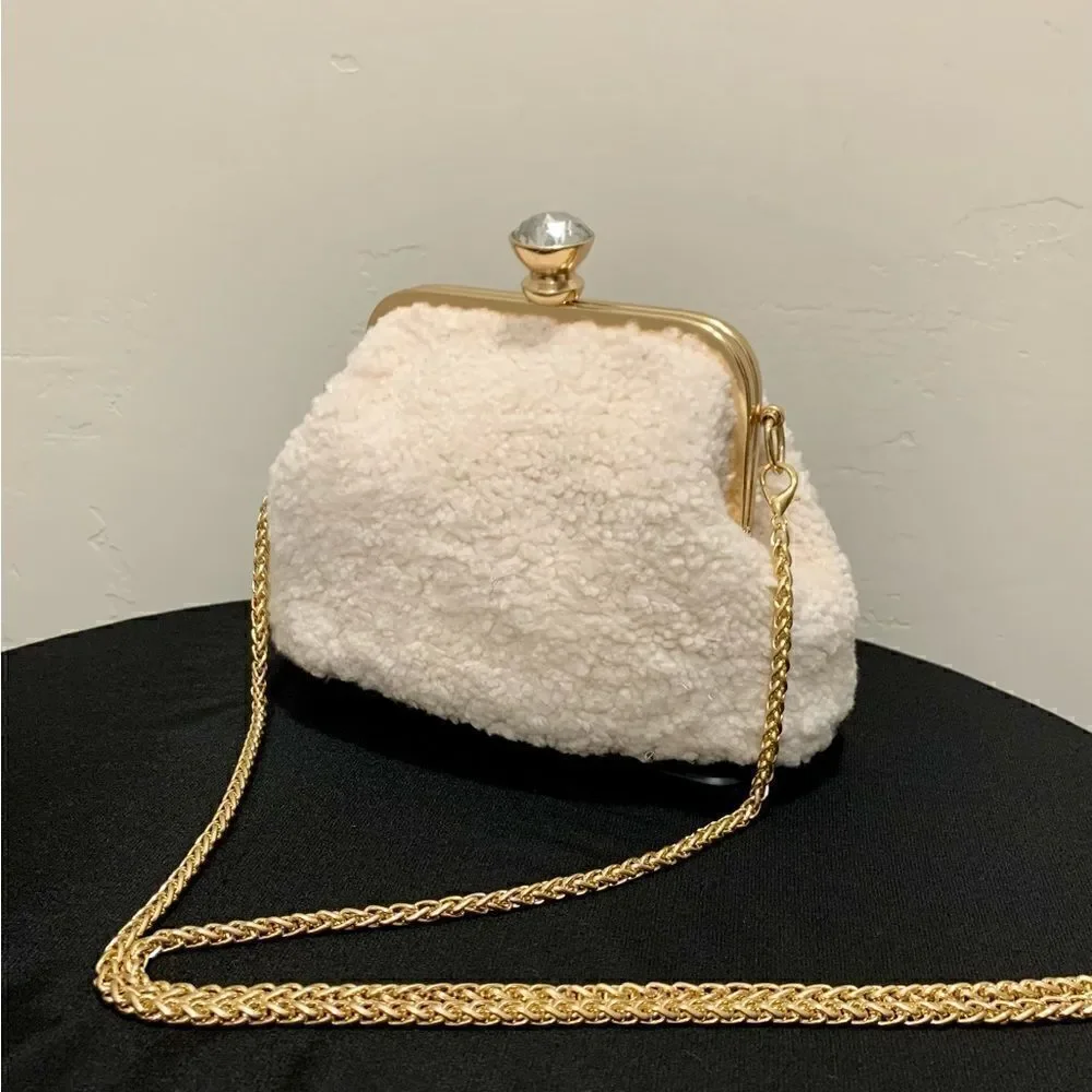 2 Chain Styles Handmade Real Shearling Push lock Clutch/Wristlet/Crossbody - Picture 4 of 11